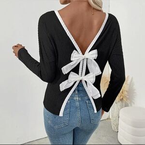 Elegant Black and White Bow Back Top